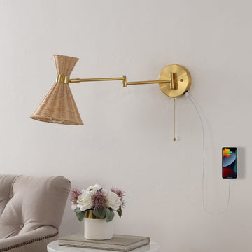 Lily 25" 1-Light Mid-Century Vintage Retro Rattan/Metal USB Charging Swing Arm LED Sconce with Pull Chain - JONATHAN Y